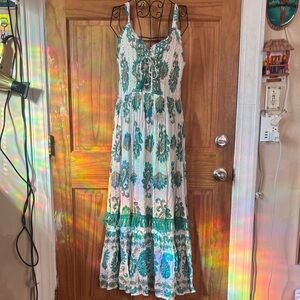 Smocked Paisley Print and Tassled Maxi Dress